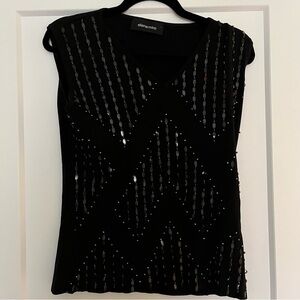 Elena Miro Silk Blend Ribbed Sequinned Beaded Ribbed V-Neck Top Blouse